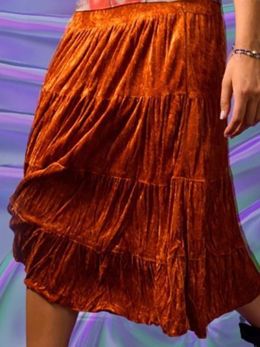 ISO: Touch 9 Orange Tiered Velvet Midi Skirt